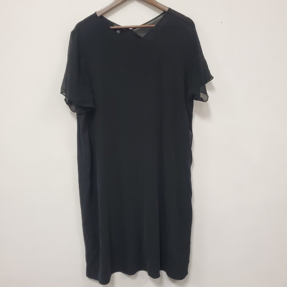 Eileen Fisher Womens XL Black Silk Knee Length Short Sleeve V-Neck Shift Dress
